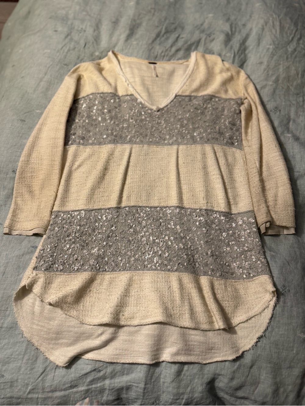 Free People Oversized Womens Medium Cream & Grey Sequins Sweater